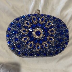 Ramla Blue and Silver Embellished Clutch